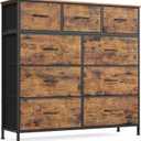 SONGMICS Dresser for Bedroom, Chest of Drawers, Steel, MDF, 9 Non-Woven Fabric Drawers, Storage Organizer Unit, Closet, Entryway, Rustic Brown and Ink Black ULGS324B02S