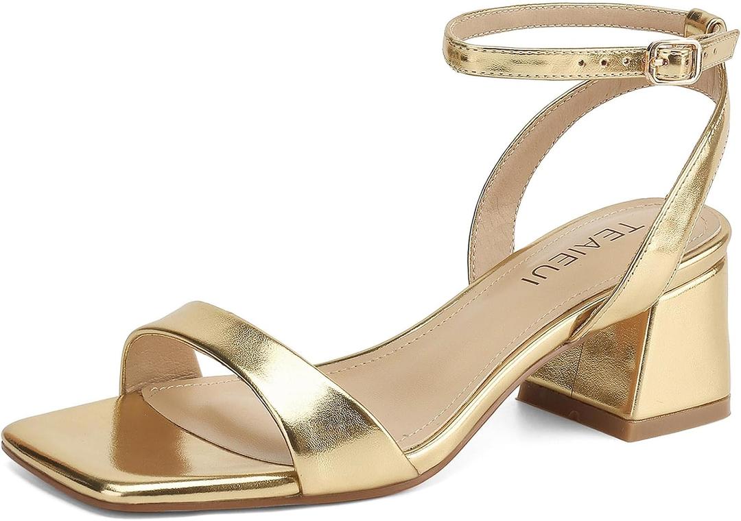 TEAIEUI Women's Heeled Sandals Strappy Low Block Heels Chunky for Women Comfortable Ankle Strap Open Toe Party Wedding Dress Shoes for Women Dressy Gold 11