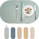 Round Wipeable Placemats Set of 6  Faux Leather Round Table Mats, Waterproof & Washable Vinyl Placemats, Circle Design for Dining Table Decor Sage Green