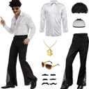 6 Pcs 70s Disco Outfit Costume for Men Dance Bell Bottom Pants Retro Shirts Moustache Sunglasses Wigs Necklace (X-Large, Silver)