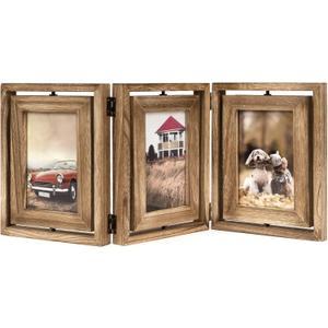 Emfogo 4x6 Picture Frame Rustic Wood Hinged Folding Triple Picture Frames Collage, Double-Sided Display Rotatable High Definition Glass Photo Frame for Home TableTop(Carbonized Black)