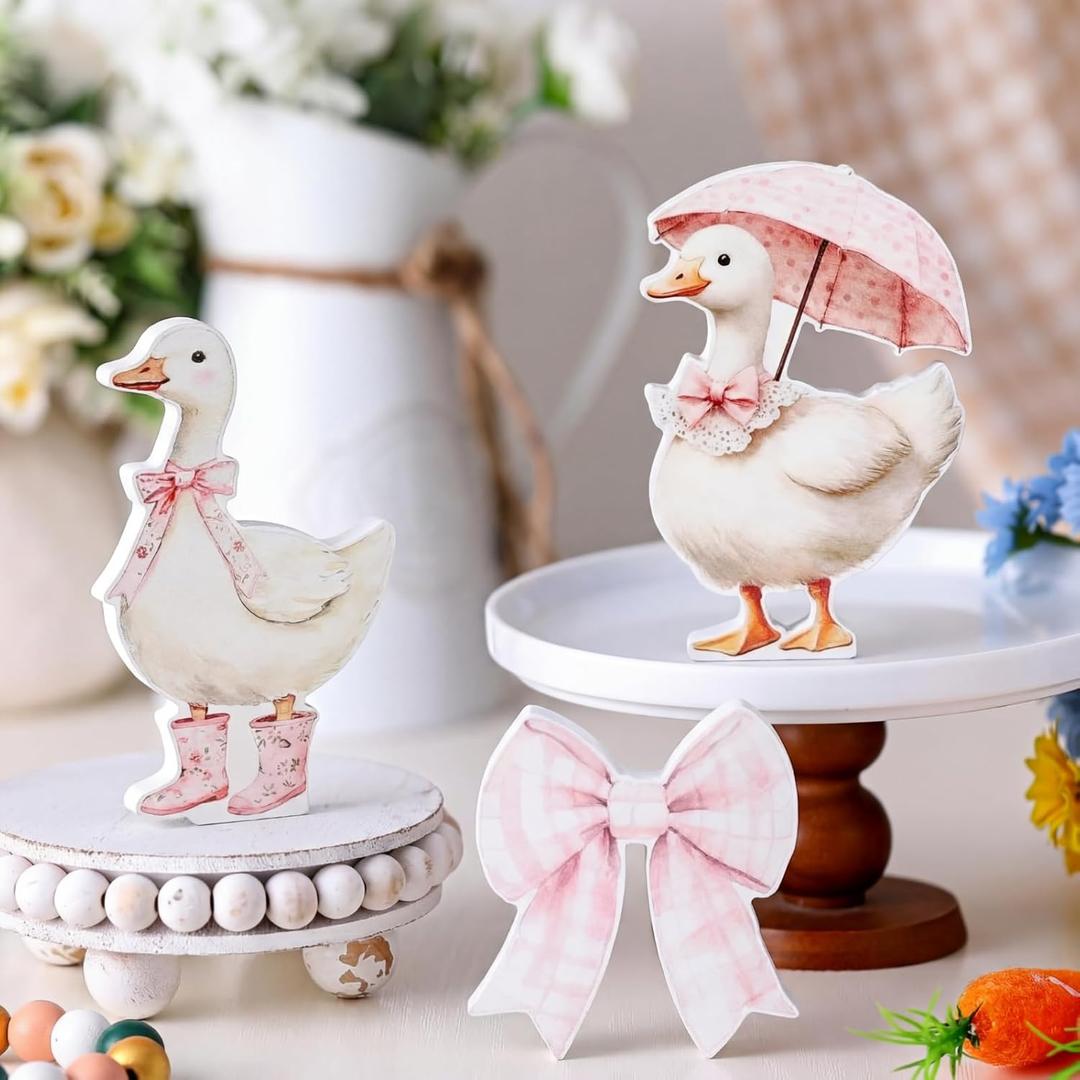 Youyole 3 Pcs Silly Goose Birthday Party Decoration Pink Bow Wooden Silly Goose Baby Shower Decor Funny Table Centerpiece Gift for Party Favor Cupcake Topper