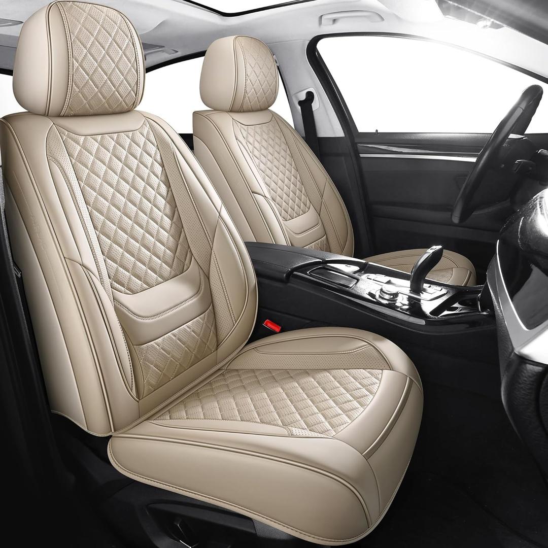 Leather Seat Covers, Beige Car Seat Covers Front Pair, Breathable Car Seat Protectors, Wear-Resistant Car Accessories, Universal Fit for Most Cars,SUVs Truck (Beige-Diamonds, Front Pair)
