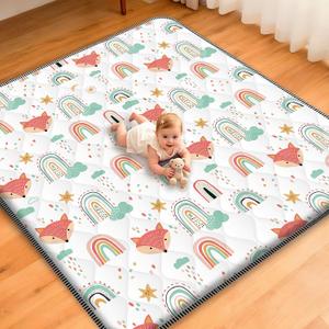 Duwenem Baby Play Mat for Floor,71x59 Inch Soft Padding Crawling Mat for Playpen, Foldable and Machine Washable, Thick for Babies & Toddlers,Rainbow Fox