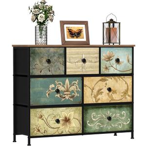 Tohomeor Dresser with Drawers for Bedroom Chest of Drawers Fabric Dresser for Closet, Nursery Entryway Hall Tree TV Stand for Living Room Retro Floral Pattern Drawers Wooden Top (7 Drawers) (11.8"D x 39"W x 31.3"H (7 Drawers))