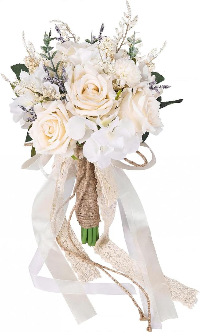CEWOR Wedding Bouquets for Bride Bridesmaid, White Champagne Artificial Roses Flowers Wedding Decoration (7.5in)