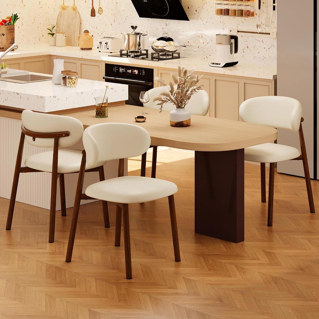Kitchen Dining Chairs Set of 4 Modern Upholstered Leather Farmhouse Dining Room Chair with Metal Legs, Walnut/Beige