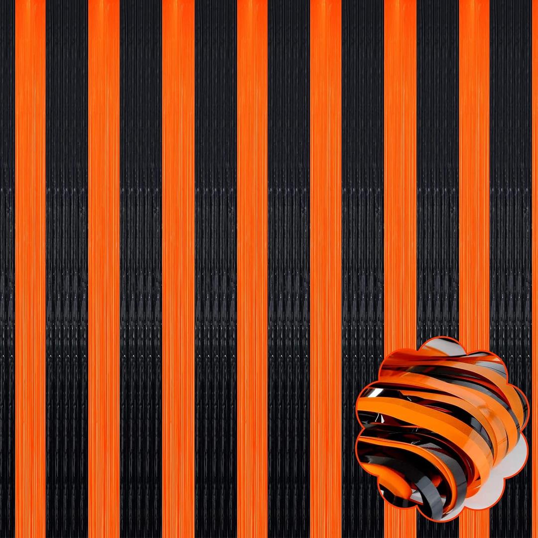 8 Pack Black Orange Tinsel Foil Fringe Curtain Backdrop, 3.28Ft x 8.2Ft Metallic Streamers for Photo Booth, Birthday, Wedding, Thanksgiving Day, Christmas, Birthday, Halloween Party Decorations