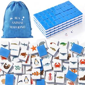 Arrowbash 144 Pcs Ocean Sea Animal Mahjong Blocks Set 4 Players Push Tile Game 1.2'' Blue Tiles Portable Mahjong Travel Set with Carry Bag & Dice for Family Party, 0.87" x 1.18" x 0.55"
