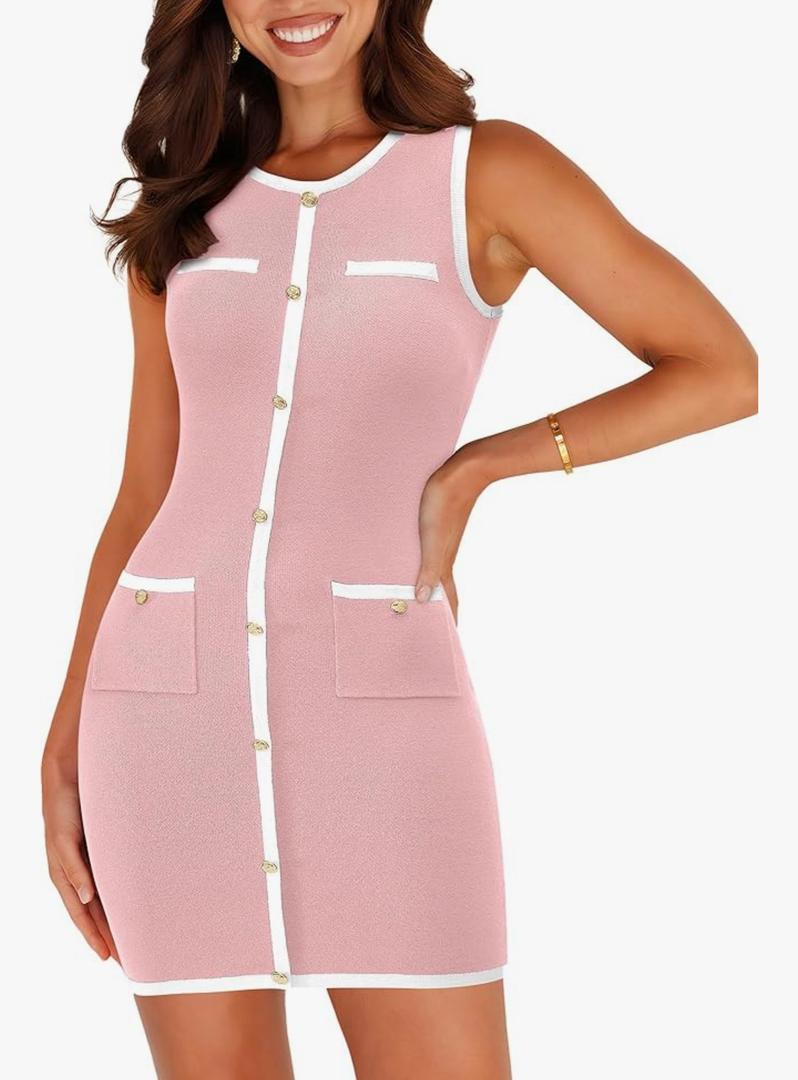 BTFBM Women's 2025 Summer Sweater Dress Sleeveless Ribbed Knit Bodycon Mini Dresses Solid Color Button Short Dress Size XL