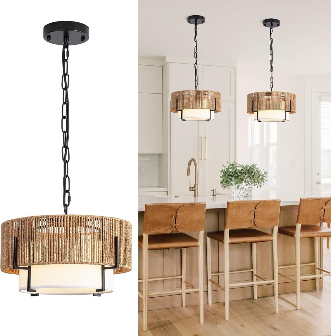 12.6" Rattan Pendant Light, Boho Chandelier Light Fixture with Fabric Shade, Farmhouse Rattan Hanging Ceiling Lighting Fixture for Dining Room, Living Room, Kitchen Island, Bedroom, Hallway, Foyer