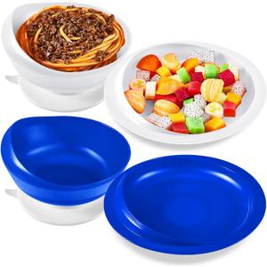 Hushee Adaptive Spill Proof Scoop Bowl and Plate Set with Suction Base Non Skid Self Feed Dinnerware for Elderly Disabled Handicapped from Parkinsons, Dementia, Stroke, Tremor(2 Sets,White and Blue)