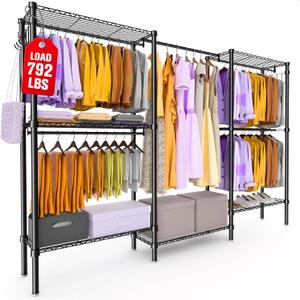 Heavy Duty Clothes Rack, Portable Closets with 6 Rods & 6 Shelves