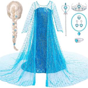 G.C Girls Princess Costume Dress Up Clothes with Long Cape Toddler Wig Crown Wand Halloween Cosplay, 110(3-4 Years)