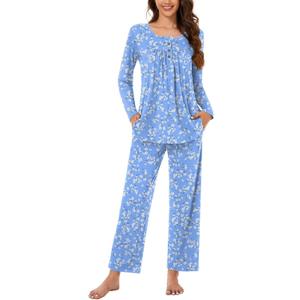 Bestbee Women's Pajama Set, 2 Piece Lounge Outfits Sleepwear Fall Long Sleeve Long Pant With Pockets Ladies Pjs (3X-Large, Blue-white Flower)