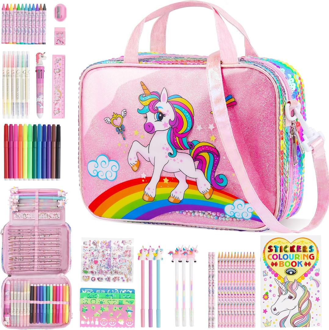 D-FantiX Unicorn Art Supplies Convertible Bag for Girls, 63Pcs Coloring Drawing Set for Kids with Fruit Scented Markers, Portable Travel Activity Kit, Birthday Gift for 4 5 6 7 8-12 Year Old Girls