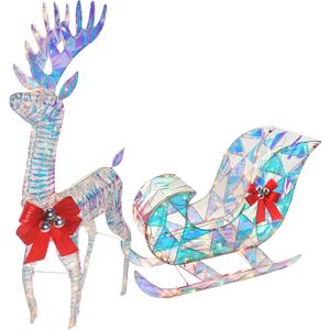 Iridescent Christmas Reindeer and Santa Sleigh Set, Lighted Christmas Yard Decoration, Perfect for Indoor or Outdoor Lawn Ornaments - 4ft w/ 140 Lights (Iridescent Santa Sleigh)