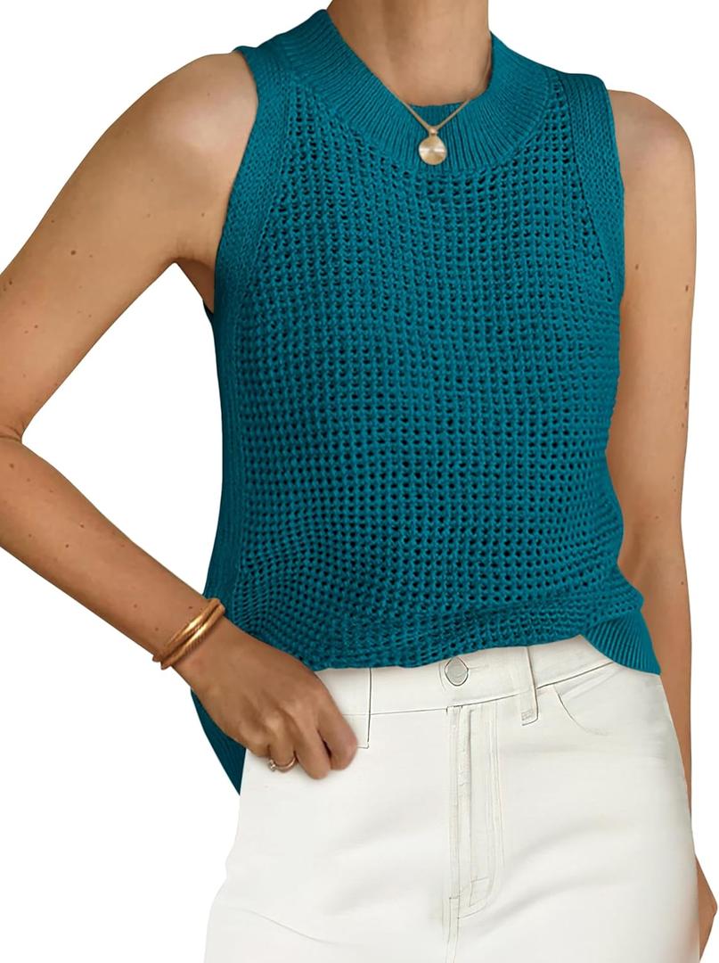 PRETTYGARDEN Summer Crochet Tank Tops for Women 2026 Casual Crewneck Hollow Out Loose Knit Sleeveless Sweater Vest Top Trendy (Blue, M)