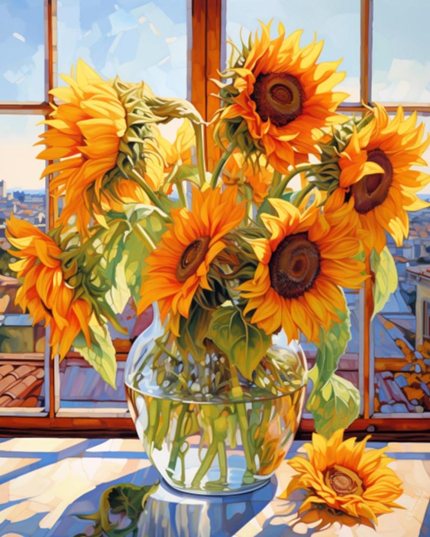 Tucocoo Sunflowers DIY Paint by Numbers for Adults Flowers in Glass Vase DIY Oil Painting Acrylic Paint Art Painting Kits Canvas with Acrylic Paint Floral Art 16x20 Inch Without Frame
