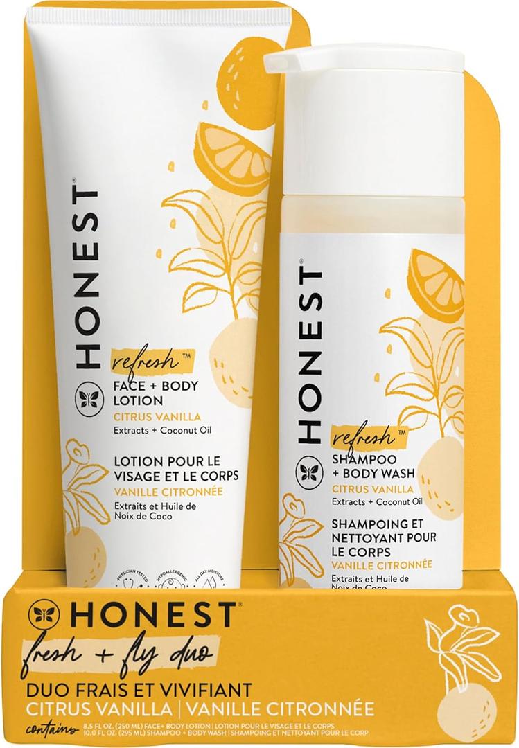 The Honest Company 2-in-1 Cleansing Shampoo and Body Wash Face Lotion Bundle, Gentle for Baby Naturally Derived Citrus Vanilla Refresh 18.5 fl oz