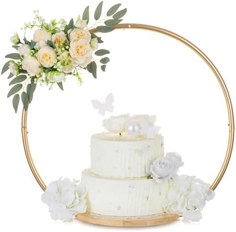 Hanobe Gold Cake Stand for Wedding: 11.7 Inch Round Arch Cupcake Display Stands with Wood Base Decorative Metal Hoop Centerpiece Decor for Party Birthday Baby Shower