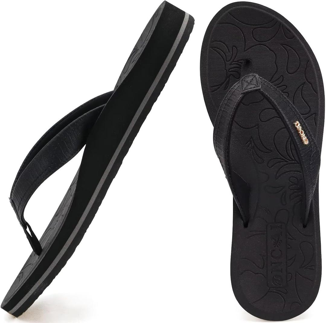 ONCAI Women's Flip Flops Comfortable Summer Beach Thong Sandals for Women with Cushion Walking Arch Support Yoga Mat Indoor Outdoor Soles (11, Black)