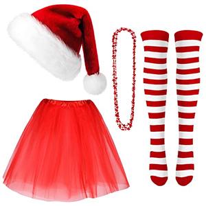 Geyoga 4 Pack Christmas Costume Set Christmas Santa Hat Tutu Skirt Striped Tights for Xmas Holiday Dress Party(Red)