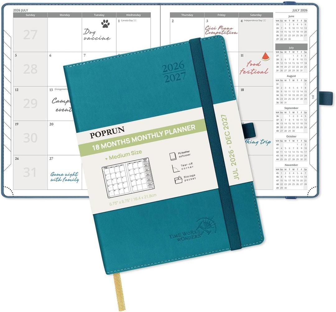 POPRUN Monthly Planner 2026-2027 (Medium- 6.5'' x 8.5'' Soft Cover), 18-Month Calendar Book (Jul.2026-Dec.2027), Calendar Planner with Monthly Tabs & Pocket, 100 GSM Paper - Pacific Green