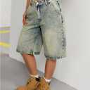 Women's Vintage Y2K Straight Leg Denim Shorts Washed Bremuda Jeans Shorts with Pockets (Medium Wash, 27 )