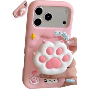 Cute 3D Cat Paw Pop-Up Stand and Grip Phone Case for iPhone 17 Pro, Kawaii Cartoon Soft Silicone Phone Cover, Adorable Girly Design for Girls, Kids, Teens, and Women, Pink