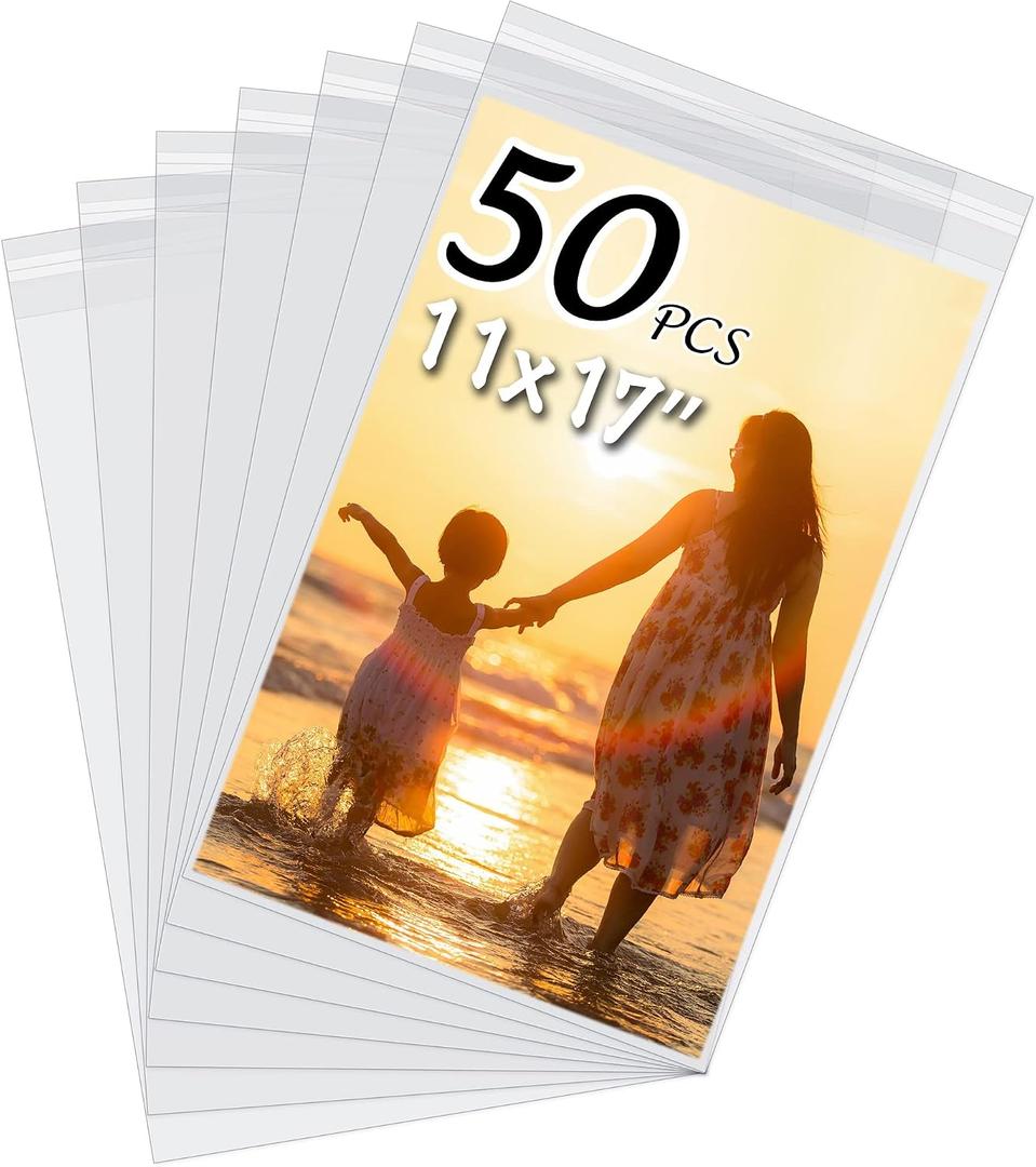 50 Pack Acid-Free Crystal Clear Sleeves Storage Bags for 11x17 Art Prints/Pictures/Photos/Framing Mat Mattes (Bag Size: 11 3/7" x17 1/2")