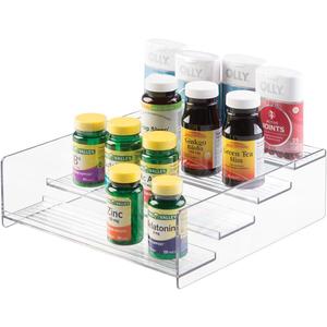 mDesign Plastic Bathroom Storage Organizer Shelf for Cabinet, Vanity, Countertop - Holds Vitamins, Supplements, Medicine Bottles, Nail Polish, Makeup - 4 Levels - Ligne Collection, Clear