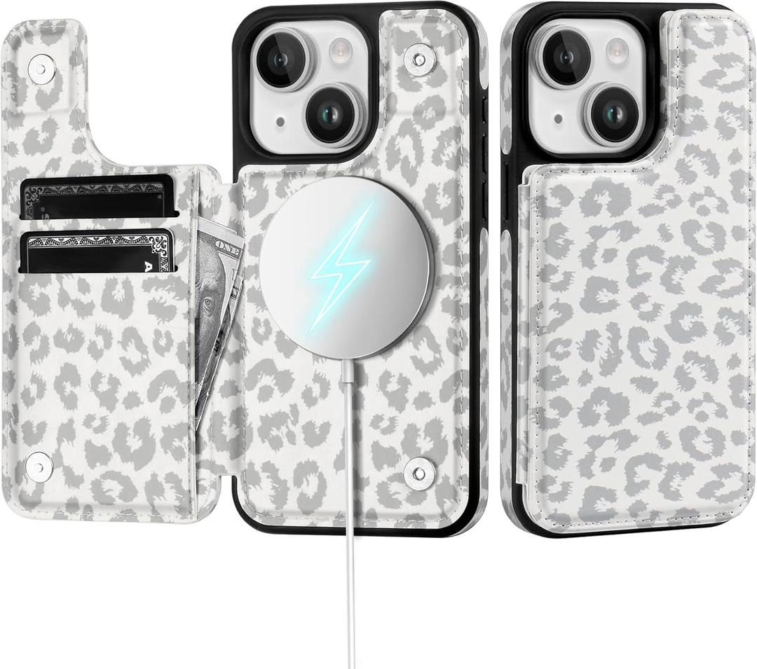 SkyEagle for iPhone 15 Wallet Case with Card Holder Compatible with Magsafe Kickstand RFID Blocking Flip Cover Credit Card Slots PU Leather Men Women Phone Case for Apple 15 6.1",Leopard-White
