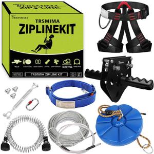 TRSMIMA Zipline Kit for Backyards - 150ft Zip Line for Kids and Adults - Backyard Kids Zipline Kits with Safety Harness and Stainless Steel - Spring Brake Trolley and Seat (Blue)