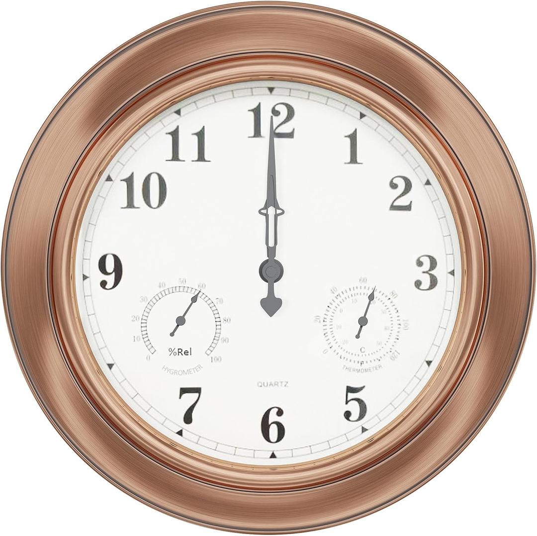 Pure Garden Indoor Outdoor Clock Thermometer Combo - Waterproof Outdoor Wall Clock with Temperature and Humidity - Silent Battery Operated Quartz Clock for Bathroom Patio or Pool, Large