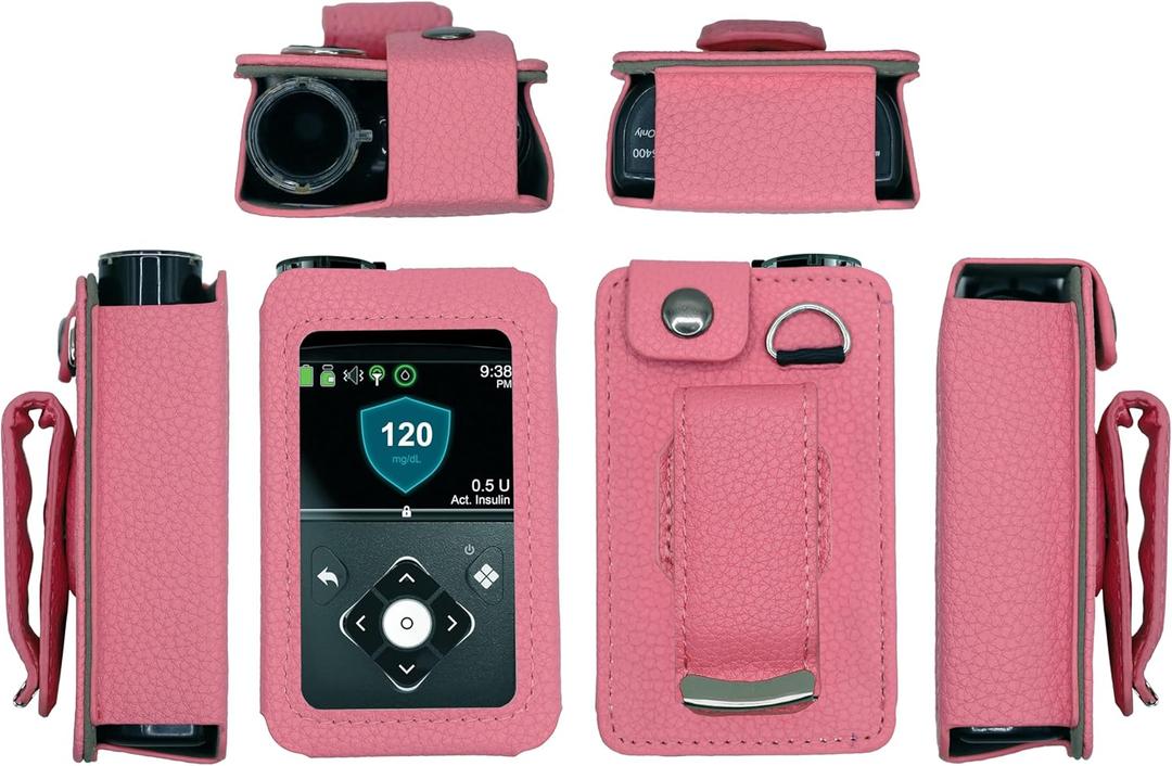 Fitted Leather Case with Rotating Belt Clip + Screen Protector for Medtronic Minimed Insulin Pump (Minimed 630G / 640G / 650G / 670G / 770G / 780G) (Pink)