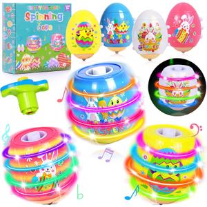 4 Pack Easter Basket Stuffers for Kids Light Up Spinning Singing Tops with Flash, Easter Gifts for Toddler Boys Girls, Easter Eggs Toys, Easter Eggs Filled Goodie Bag Prize Party Favor