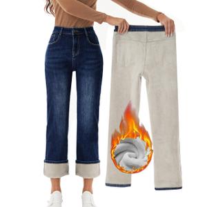 Yehopere Women's Blue Wash 01 Size 12 High Waisted Straight Leg Winter Fleece Lined Jeans Large
