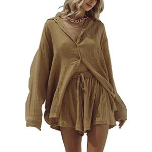 TOLENY Women Casual 2 Piece Summer Outfits Long Sleeve Shirt Top and Shorts Tracksuit Sets, XL
