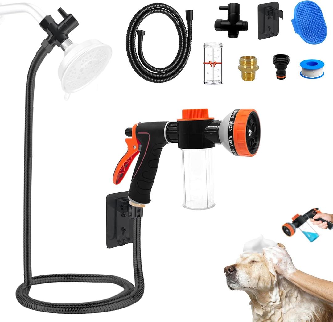Dog Washing Hose Attachment for Pet Bathing with Black Shower Diverter, Pup Dog Wash Hose Nozzle Shampoo Sprayer for Indoor Outdoor Pet Shower, Dog Shower Attachment with Dog Brush
