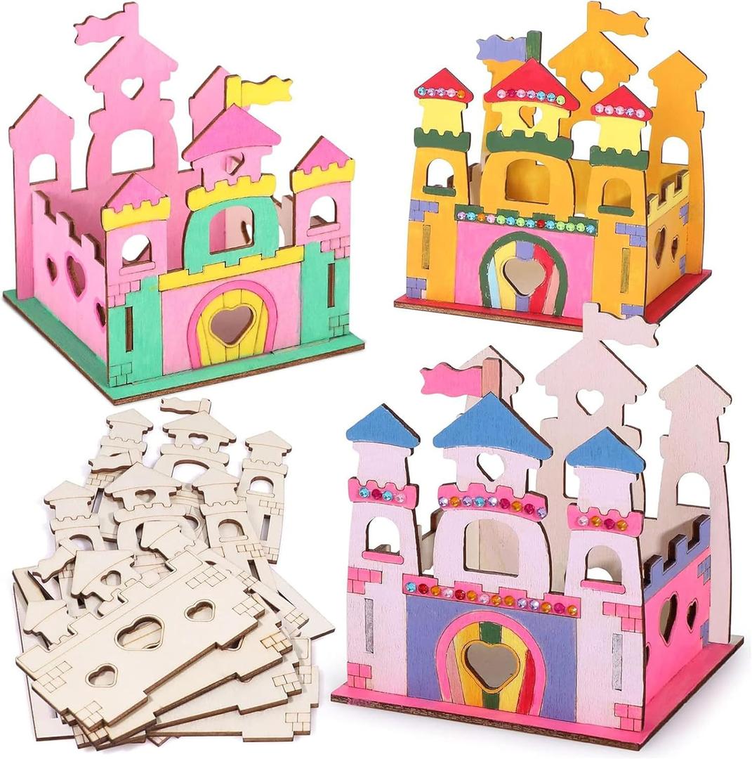 Ristpal 12 Set DIY Wooden Painting Crafts Set, Unfinished Blank Coloring Wooden Stencils of Castle, Arts and Crafts Supplies for Birthday Gifts Classroom Rewards Goodie Bags Fillers