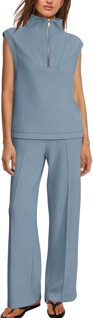 Women 2 Piece Outfits Sets Summer Lounge Set | Airport Travel Outfit, Pants Sets, Matching Sweat Sets, Sweatsuits, Tracksuit, Half Zip Sleeveless Tops, Wide Leg Pants (Blue)