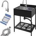 Portable Freestanding Stainless Steel Laundry Utility Sink with Cold and Hot Water with Cabinet Faucet Outdoor Kitchen Black Utility Sink
