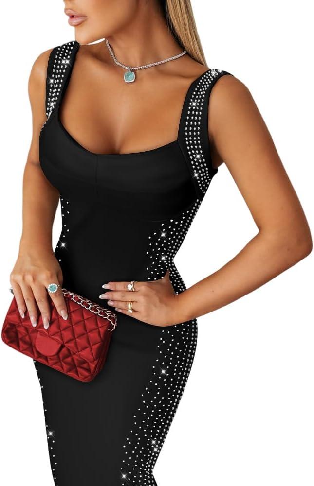 CHICME Women's Elegant Sleeveless Rhinestone Bodycon Midi Dress Square Neck Sparkly Cocktail Party Clubwear Dress (Large, Black)