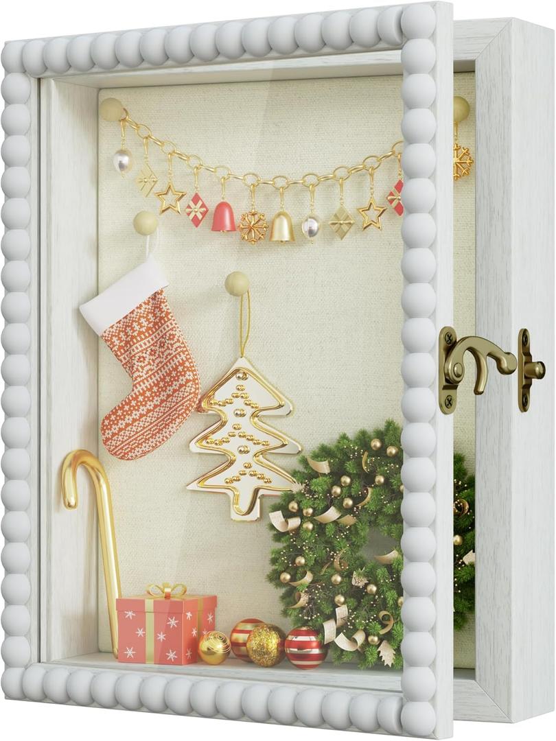 Love-KANKEI Shadow Box Frame 8x10,Wood Deep Shadow Box Display Case with Unique Beads Door and Glass Window, Memory Box for Pictures,Medals,Memorabilia,Collections White
