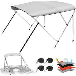Solim 3-4 Bow Bimini Top Cover with 1" Aluminum Frame, Waterproof Oxford 1200D Sun Shade Boat Canopy, Marine Grade Canvas with Storage Boot, 4 Straps, 2 Rear Support Poles, Bimini Top for Boat, Gray