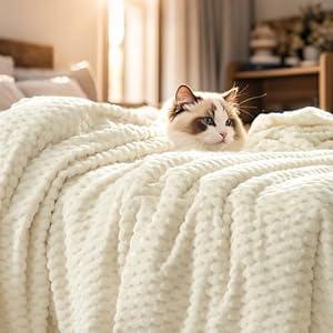 PHF Ultra Soft Flannel Fleece Throw Blanket, Lightweight 3D Jacquard Fleece Blanket, No Shedding, No Pilling, Luxury 340GSM Aesthetic Fluffy Cozy Throws for Couch Room Decor, 50"x60", Cream