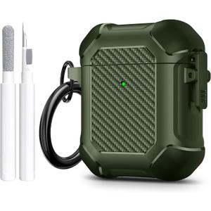 Maxjoy for Airpods Case, Carbon Fiber Secure Lock Clip Full Body Shockproof Hard Shell Protective Case Cover with Keychain for AirPod 1st and 2nd Generation Wireless Charging Case, Green