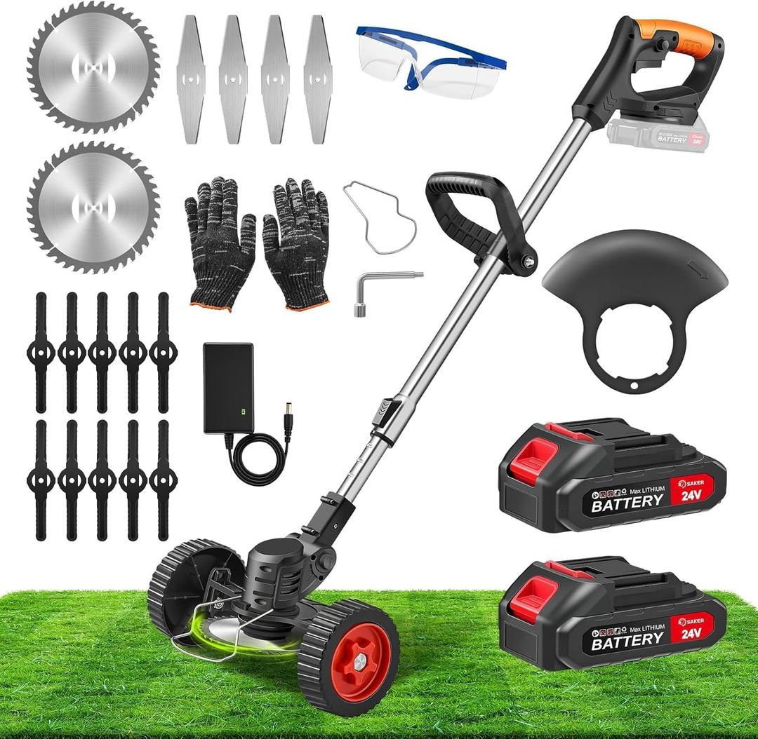 SakerPlus 24V Cordless Weed Wacker, Electric Grass Trimmer Weed Eater with 1 Battery, 3-in-1 Lightweight Brush Cutter/Lawn Mower/Edger with Wheels & 2 Types of Blades for Lawn, Garden & Yard Care