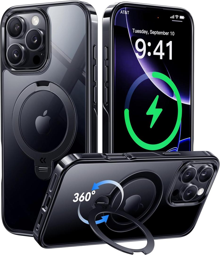 CASEKOO Titanium for iPhone 16 Pro Case with 360 Spin Magnetic Stand [Compatible with Magsafe][16FT Military Protection] Polished for iPhone 16 ProMax Case with Stand Ring 6.9'', Premium Black